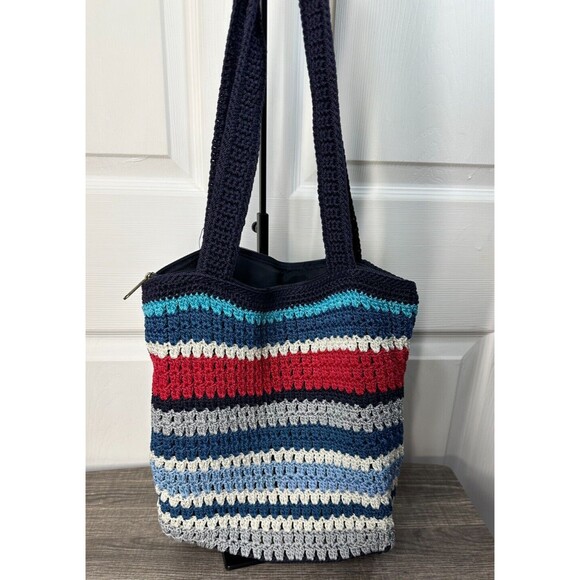 THE SAK Originals Navy Multi Stripe Crochet Handbag Shoulder Bag Boho Everyday - Picture 4 of 5